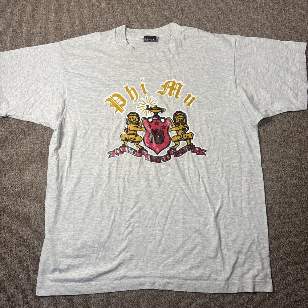Vintage 90s Phi Mu Crest T-shirt Gray XL Single Stitch Les Sœurs Fideles 22.5x27